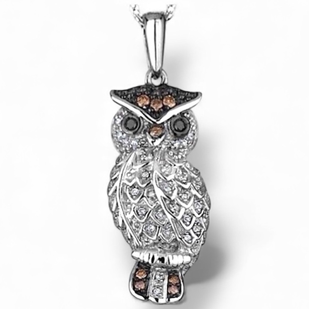 1/5 Carat Diamond Owl Champagne Accents Pendant 925 Sterling Silver Necklace
